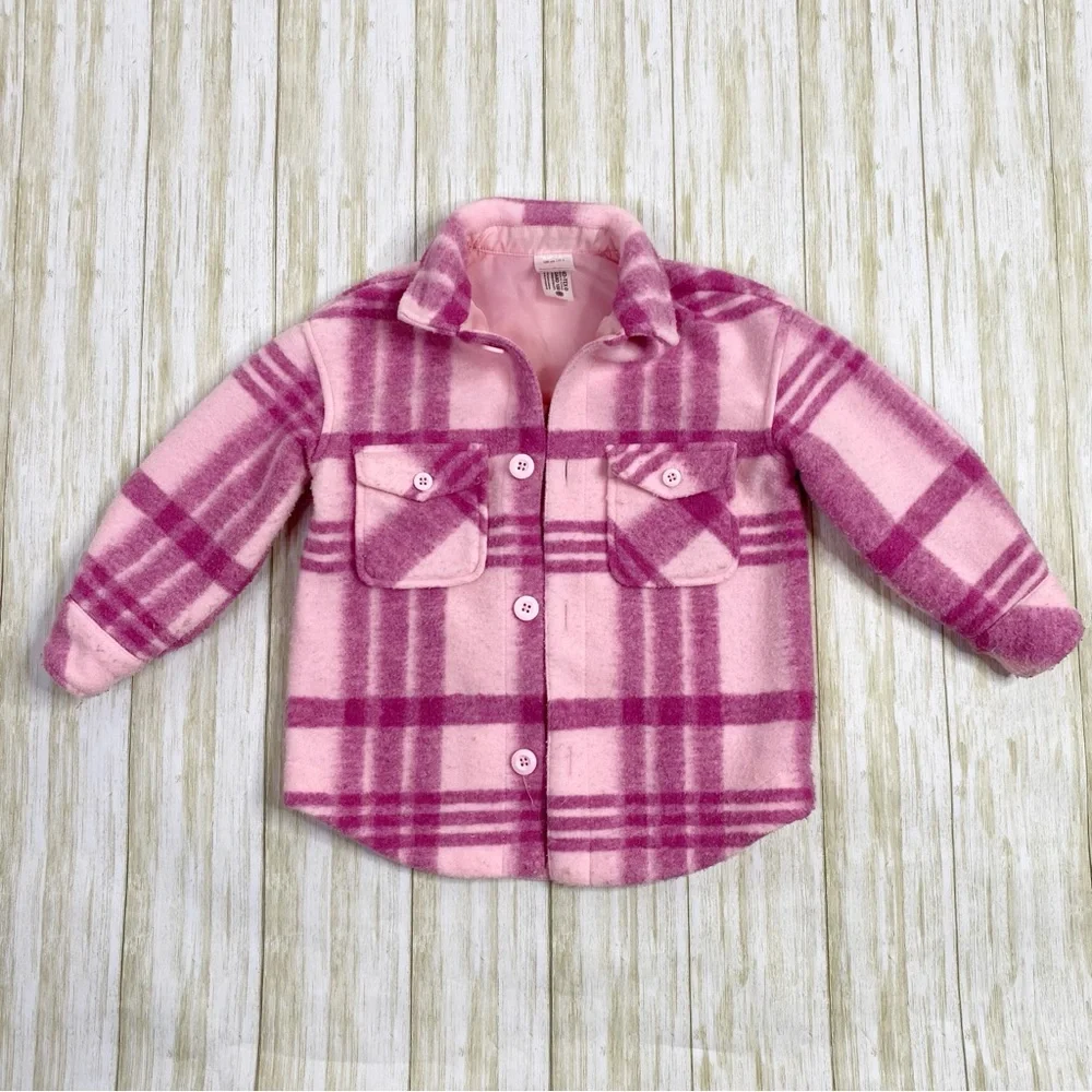 Hanna Andersson Pink Plaid Faux Wool Felt Shirt Jacket Shacket - Picture 1 of 8